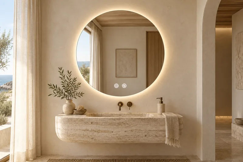 BM-02 — Soft circular light against naturally textured travertine and plaster.