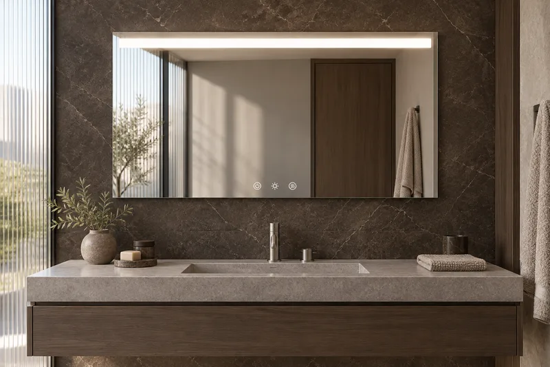 BM-03 — A single front-lit strip complements the depth of dark stone.