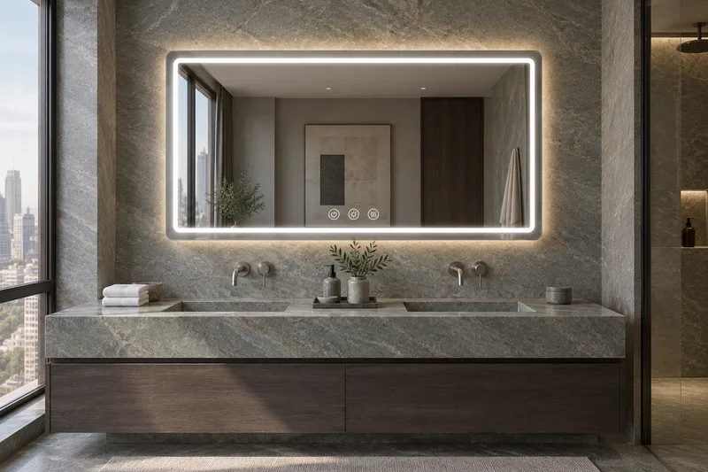 BM-04 — One wide mirror connects two wash positions in a stone-lined bathroom.