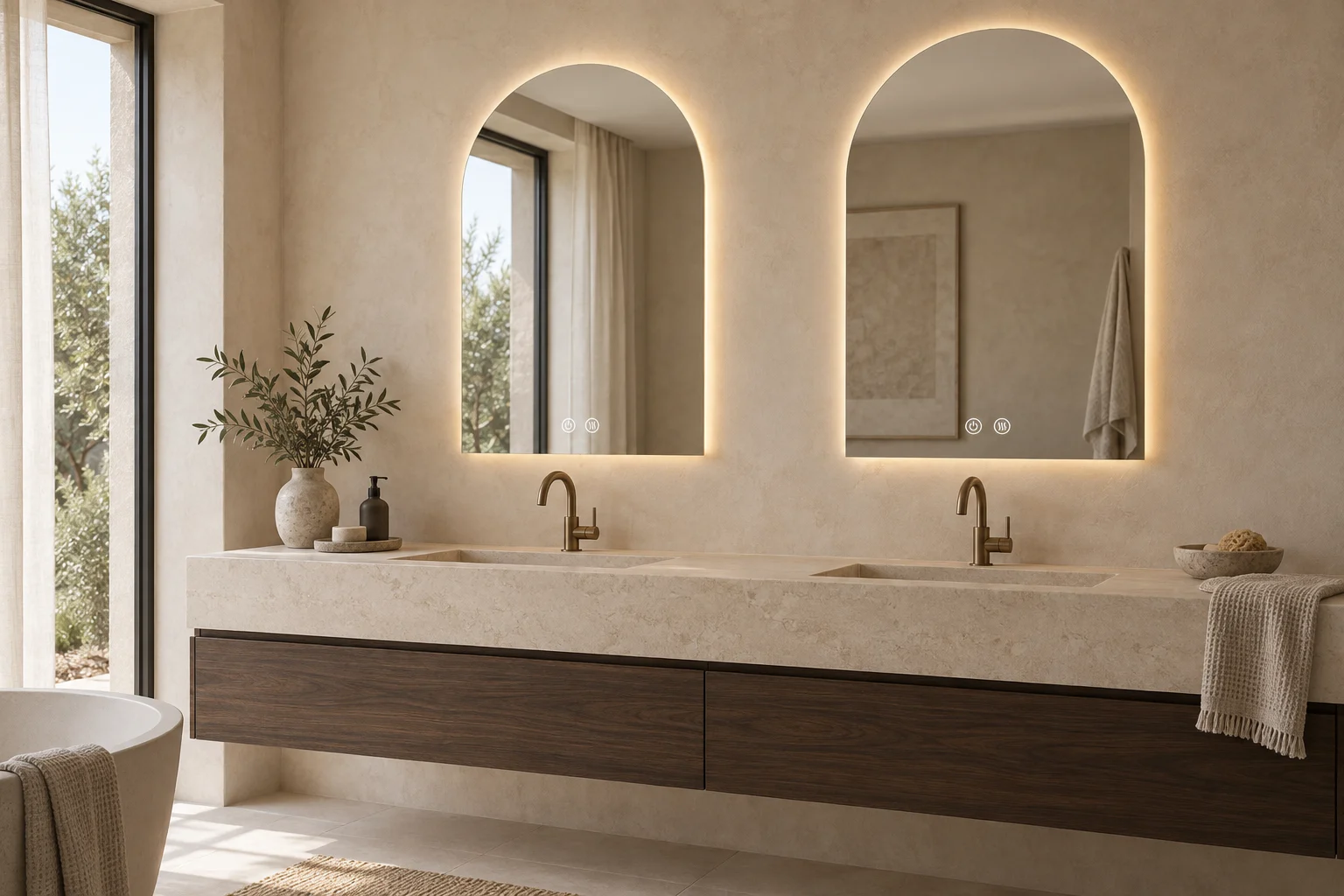 Paired arches bring rhythm to a limestone and walnut double vanity.