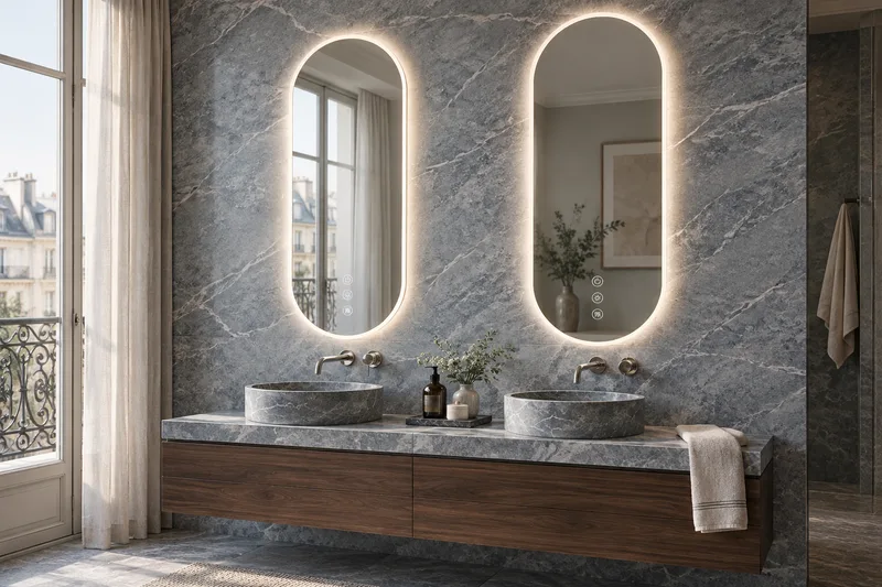 BM-06 — Two capsule mirrors balance the character of blue-grey stone.