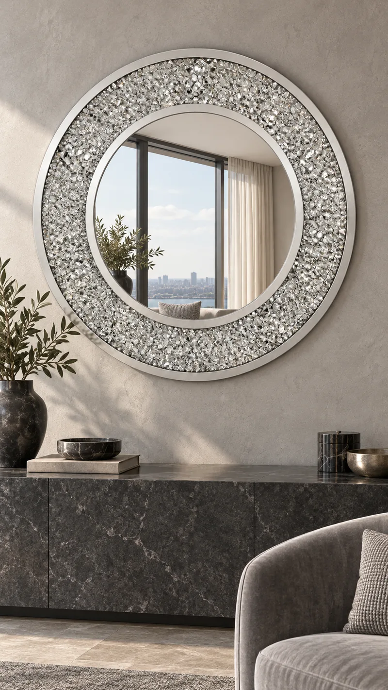 CD-02 — A crystal border catches the daylight above a dark stone console.