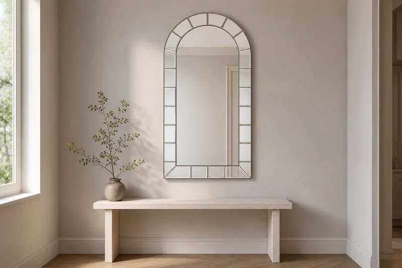 CM-02 — An arched panel mirror pairs with a pale stone console and soft daylight.