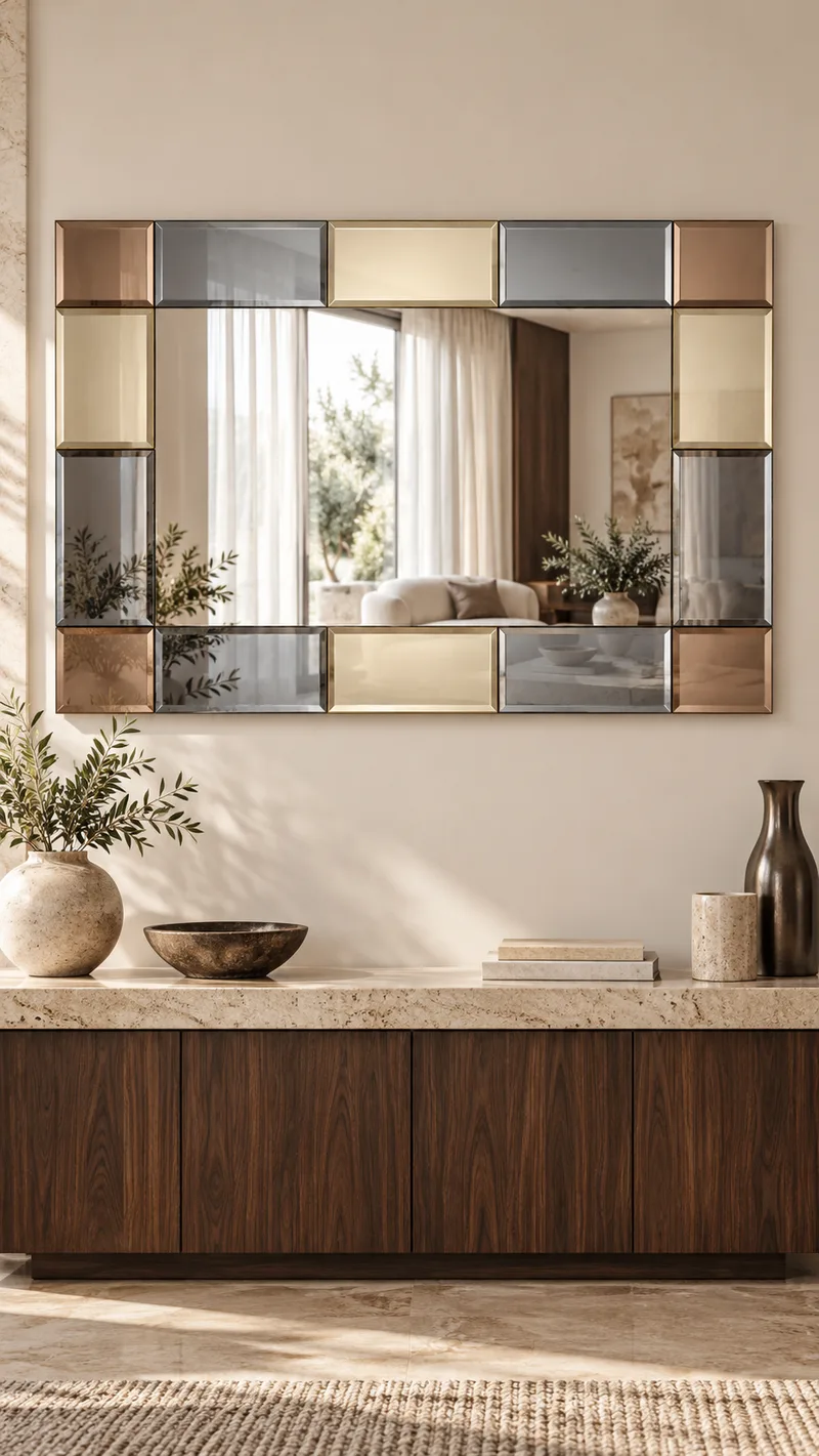 CT-04 — Tinted panels introduce a considered accent above a walnut sideboard.