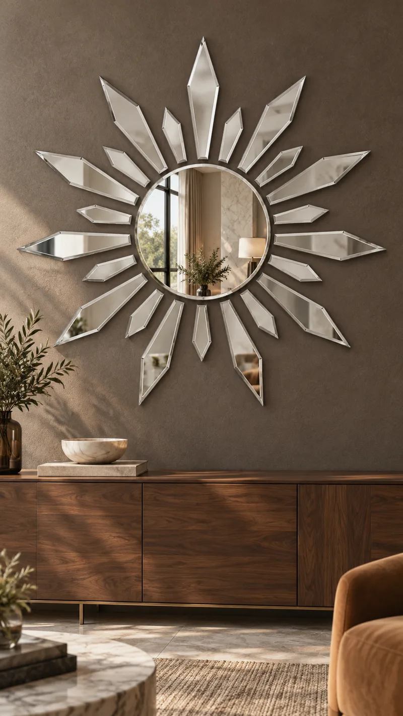 SB-02 — Bevelled mirror rays make the wall the focal point of a lounge.