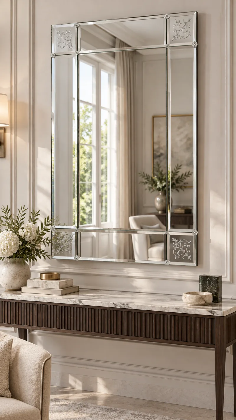 VM-01 — An etched frame brings a quiet sense of occasion to a hotel drawing room.