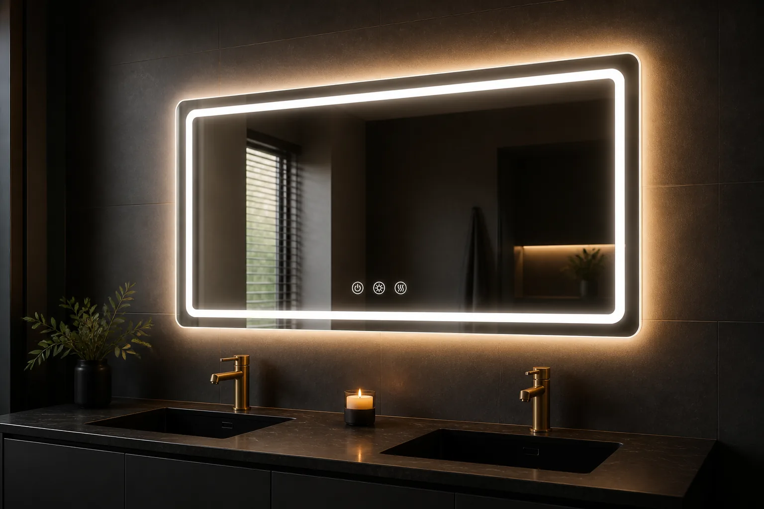 Hotel bathroom fitted with backlit LED mirrors over a double vanity